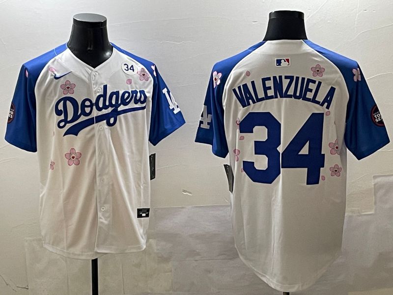 Men Los Angeles Dodgers #34 Valenzuela White Blue Sakura Edition 2025 Nike MLB Jersey style 4->los angeles dodgers->MLB Jersey